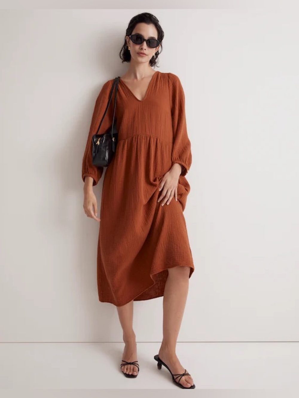 Madewell V-Neck Lightspun Midi Dress Burnt Orange XS